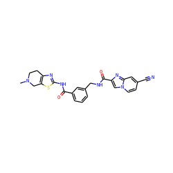 CN1CCc2nc(NC(=O)c3cccc(CNC(=O)c4cn5ccc(C#N)cc5n4)c3)sc2C1 ZINC000167957882