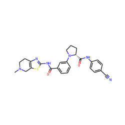 CN1CCc2nc(NC(=O)c3cccc(N4CCC[C@@H]4C(=O)Nc4ccc(C#N)cc4)c3)sc2C1 ZINC000113564087