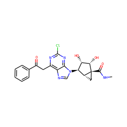 CNC(=O)[C@@]12C[C@@H]1[C@@H](n1cnc3c(CC(=O)c4ccccc4)nc(Cl)nc31)[C@H](O)[C@@H]2O ZINC000653848277