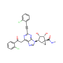 CNC(=O)[C@@]12C[C@@H]1[C@@H](n1cnc3c(CC(=O)c4ccccc4Cl)nc(C#Cc4ccccc4Cl)nc31)[C@H](O)[C@@H]2O ZINC000653842880