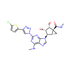 CNC(=O)[C@@]12C[C@@H]1[C@@H](n1cnc3c(NC)nc(-n4cc(-c5ccc(Cl)s5)nn4)nc31)[C@H](O)[C@@H]2O ZINC000473133990
