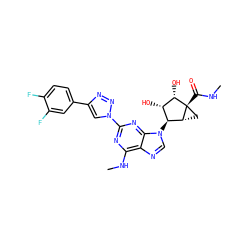 CNC(=O)[C@@]12C[C@@H]1[C@@H](n1cnc3c(NC)nc(-n4cc(-c5ccc(F)c(F)c5)nn4)nc31)[C@H](O)[C@@H]2O ZINC000653783588