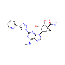 CNC(=O)[C@@]12C[C@@H]1[C@@H](n1cnc3c(NC)nc(-n4cc(-c5ccccn5)nn4)nc31)[C@H](O)[C@@H]2O ZINC000653783611
