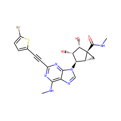 CNC(=O)[C@@]12C[C@@H]1[C@@H](n1cnc3c(NC)nc(C#Cc4ccc(Br)s4)nc31)[C@H](O)[C@@H]2O ZINC000299863343