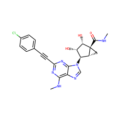 CNC(=O)[C@@]12C[C@@H]1[C@@H](n1cnc3c(NC)nc(C#Cc4ccc(Cl)cc4)nc31)[C@H](O)[C@@H]2O ZINC000084723285