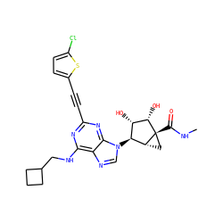 CNC(=O)[C@@]12C[C@@H]1[C@@H](n1cnc3c(NCC4CCC4)nc(C#Cc4ccc(Cl)s4)nc31)[C@H](O)[C@@H]2O ZINC000473136196