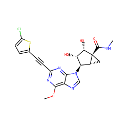 CNC(=O)[C@@]12C[C@@H]1[C@@H](n1cnc3c(OC)nc(C#Cc4ccc(Cl)s4)nc31)[C@H](O)[C@@H]2O ZINC000653852882