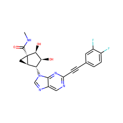 CNC(=O)[C@@]12C[C@@H]1[C@@H](n1cnc3cnc(C#Cc4ccc(F)c(F)c4)nc31)[C@H](O)[C@@H]2O ZINC000653852955