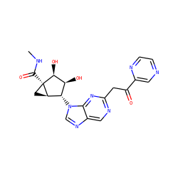 CNC(=O)[C@@]12C[C@@H]1[C@@H](n1cnc3cnc(CC(=O)c4cnccn4)nc31)[C@H](O)[C@@H]2O ZINC000653852949