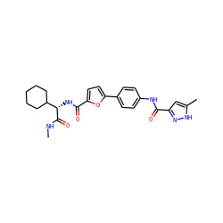 CNC(=O)[C@@H](NC(=O)c1ccc(-c2ccc(NC(=O)c3cc(C)[nH]n3)cc2)o1)C1CCCCC1 ZINC000045300183
