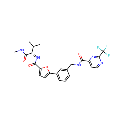 CNC(=O)[C@@H](NC(=O)c1ccc(-c2cccc(CNC(=O)c3ccnc(C(F)(F)F)n3)c2)o1)C(C)C ZINC000058581215