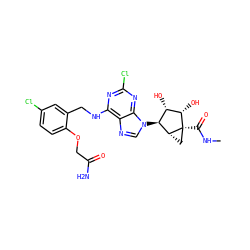 CNC(=O)[C@]12C[C@@H]1[C@@H](n1cnc3c(NCc4cc(Cl)ccc4OCC(N)=O)nc(Cl)nc31)[C@H](O)[C@@H]2O ZINC000101034266