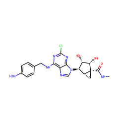 CNC(=O)[C@]12C[C@@H]1[C@@H](n1cnc3c(NCc4ccc(N)cc4)nc(Cl)nc31)[C@H](O)[C@@H]2O ZINC000101034263