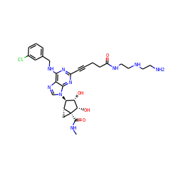 CNC(=O)[C@]12C[C@@H]1[C@@H](n1cnc3c(NCc4cccc(Cl)c4)nc(C#CCCC(=O)NCCNCCN)nc31)[C@H](O)[C@@H]2O ZINC000101286838