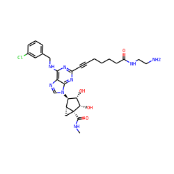 CNC(=O)[C@]12C[C@@H]1[C@@H](n1cnc3c(NCc4cccc(Cl)c4)nc(C#CCCCCC(=O)NCCN)nc31)[C@H](O)[C@@H]2O ZINC000101286851