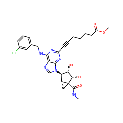 CNC(=O)[C@]12C[C@@H]1[C@@H](n1cnc3c(NCc4cccc(Cl)c4)nc(C#CCCCCC(=O)OC)nc31)[C@H](O)[C@@H]2O ZINC000101286866