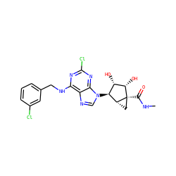 CNC(=O)[C@]12C[C@@H]1[C@@H](n1cnc3c(NCc4cccc(Cl)c4)nc(Cl)nc31)[C@H](O)[C@@H]2O ZINC000101286885