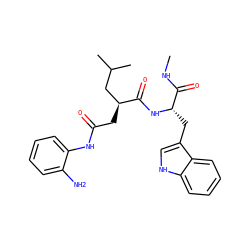 CNC(=O)[C@H](Cc1c[nH]c2ccccc12)NC(=O)[C@@H](CC(=O)Nc1ccccc1N)CC(C)C ZINC000653918519