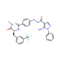 CNC(=O)[C@H](Cc1cccc(C(F)(F)F)c1)NC(=O)c1ccc(CNC(=O)c2cnn(-c3ccccc3)c2N)cc1 ZINC001772600625