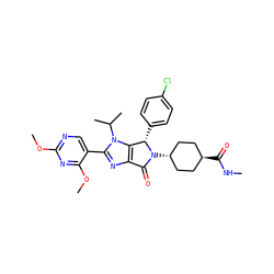 CNC(=O)[C@H]1CC[C@H](N2C(=O)c3nc(-c4cnc(OC)nc4OC)n(C(C)C)c3[C@@H]2c2ccc(Cl)cc2)CC1 ZINC000261088818