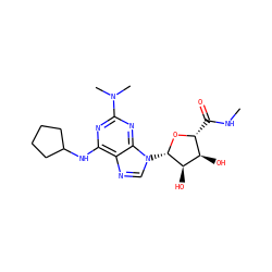 CNC(=O)[C@H]1O[C@@H](n2cnc3c(NC4CCCC4)nc(N(C)C)nc32)[C@H](O)[C@@H]1O ZINC000103298680