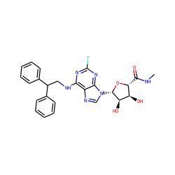 CNC(=O)[C@H]1O[C@@H](n2cnc3c(NCC(c4ccccc4)c4ccccc4)nc(F)nc32)[C@H](O)[C@@H]1O ZINC000084668558