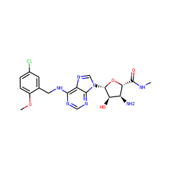 CNC(=O)[C@H]1O[C@@H](n2cnc3c(NCc4cc(Cl)ccc4OC)ncnc32)[C@H](O)[C@@H]1N ZINC000096314041