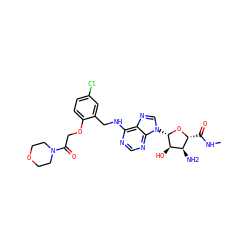CNC(=O)[C@H]1O[C@@H](n2cnc3c(NCc4cc(Cl)ccc4OCC(=O)N4CCOCC4)ncnc32)[C@H](O)[C@@H]1N ZINC000096314039