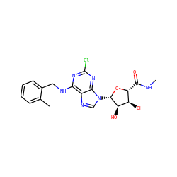 CNC(=O)[C@H]1O[C@@H](n2cnc3c(NCc4ccccc4C)nc(Cl)nc32)[C@H](O)[C@@H]1O ZINC000096901334