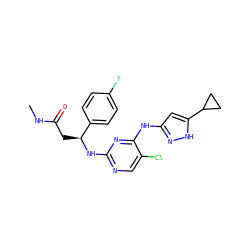 CNC(=O)C[C@H](Nc1ncc(Cl)c(Nc2cc(C3CC3)[nH]n2)n1)c1ccc(F)cc1 ZINC000040848153