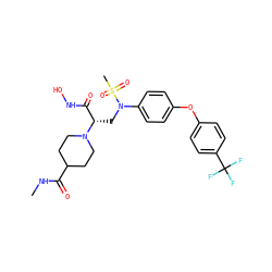 CNC(=O)C1CCN([C@@H](CN(c2ccc(Oc3ccc(C(F)(F)F)cc3)cc2)S(C)(=O)=O)C(=O)NO)CC1 ZINC000096319038