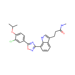 CNC(=O)CCc1c[nH]c2c(-c3noc(-c4ccc(OC(C)C)c(Cl)c4)n3)cccc12 ZINC000084618308