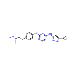 CNC(=O)CCc1ccc(Nc2nccc(Nc3cc(C4CC4)[nH]n3)n2)cc1 ZINC000203004996