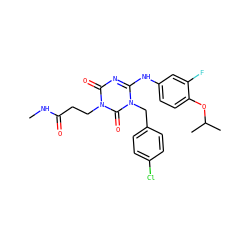 CNC(=O)CCn1c(=O)nc(Nc2ccc(OC(C)C)c(F)c2)n(Cc2ccc(Cl)cc2)c1=O ZINC000200523895
