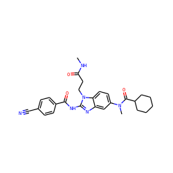 CNC(=O)CCn1c(NC(=O)c2ccc(C#N)cc2)nc2cc(N(C)C(=O)C3CCCCC3)ccc21 ZINC000040412790