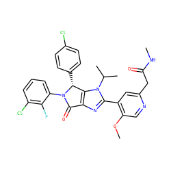 CNC(=O)Cc1cc(-c2nc3c(n2C(C)C)[C@@H](c2ccc(Cl)cc2)N(c2cccc(Cl)c2F)C3=O)c(OC)cn1 ZINC000169705597
