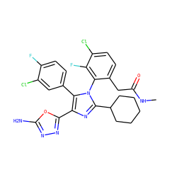 CNC(=O)Cc1ccc(Cl)c(F)c1-n1c(C2CCCCC2)nc(-c2nnc(N)o2)c1-c1ccc(F)c(Cl)c1 ZINC000116173488