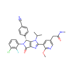 CNC(=O)Cc1cnc(OC)c(-c2nc3c(n2C(C)C)[C@@H](c2ccc(C#N)cc2)N(c2cccc(Cl)c2F)C3=O)c1 ZINC000169705635