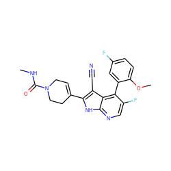CNC(=O)N1CC=C(c2[nH]c3ncc(F)c(-c4cc(F)ccc4OC)c3c2C#N)CC1 ZINC000226053377
