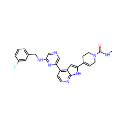 CNC(=O)N1CC=C(c2cc3c(-c4cncc(NCc5cccc(F)c5)n4)ccnc3[nH]2)CC1 ZINC000220327039