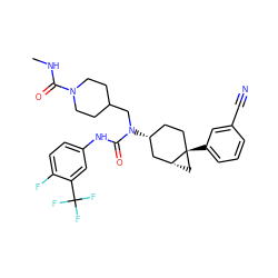 CNC(=O)N1CCC(CN(C(=O)Nc2ccc(F)c(C(F)(F)F)c2)[C@@H]2CC[C@]3(c4cccc(C#N)c4)C[C@@H]3C2)CC1 ZINC000028650055