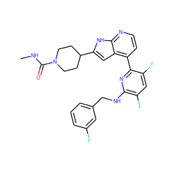 CNC(=O)N1CCC(c2cc3c(-c4nc(NCc5cccc(F)c5)c(F)cc4F)ccnc3[nH]2)CC1 ZINC000226033747