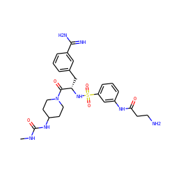 CNC(=O)NC1CCN(C(=O)[C@H](Cc2cccc(C(=N)N)c2)NS(=O)(=O)c2cccc(NC(=O)CCN)c2)CC1 ZINC000169323437
