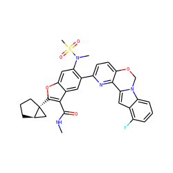 CNC(=O)c1c([C@@]23CCC[C@@H]2C3)oc2cc(N(C)S(C)(=O)=O)c(-c3ccc4c(n3)-c3cc5c(F)cccc5n3CO4)cc12 ZINC000212272572