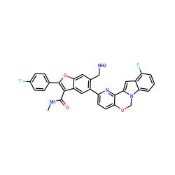 CNC(=O)c1c(-c2ccc(F)cc2)oc2cc(CN)c(-c3ccc4c(n3)-c3cc5c(F)cccc5n3CO4)cc12 ZINC000148265385