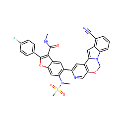 CNC(=O)c1c(-c2ccc(F)cc2)oc2cc(N(C)S(C)(=O)=O)c(-c3cc4c(cn3)OCn3c-4cc4c(C#N)cccc43)cc12 ZINC000148295427