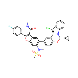 CNC(=O)c1c(-c2ccc(F)cc2)oc2cc(N(C)S(C)(=O)=O)c(-c3ccc4c(c3)-c3c(Cl)c5ccccc5n3[C@H](C3CC3)O4)cc12 ZINC000204995529
