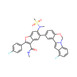 CNC(=O)c1c(-c2ccc(F)cc2)oc2cc(N(C)S(C)(=O)=O)c(-c3ccc4c(c3)-c3cc5c(F)cccc5n3CO4)cc12 ZINC000148073342