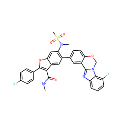 CNC(=O)c1c(-c2ccc(F)cc2)oc2cc(N(C)S(C)(=O)=O)c(-c3ccc4c(c3)-c3nc5cccc(F)c5n3CO4)cc12 ZINC000148077158