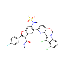 CNC(=O)c1c(-c2ccc(F)cc2)oc2cc(N(C)S(C)(=O)=O)c(-c3ccc4c(n3)-c3c(Cl)c5c(Cl)cccc5n3CO4)cc12 ZINC000205190589